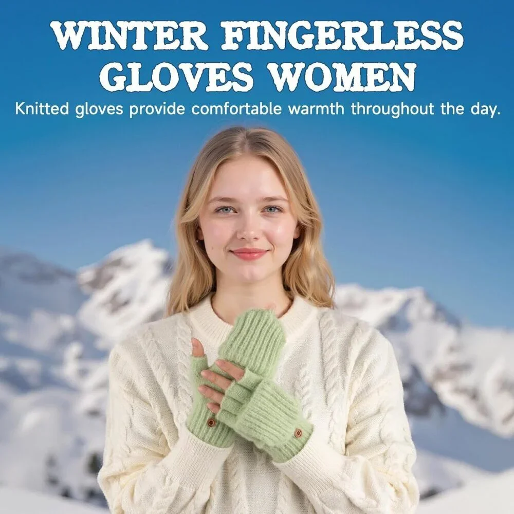Women's Winter Warm Mittens Knitted Green Gloves Fingerless Button Closure